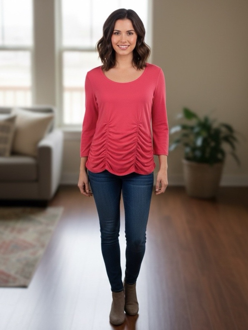 Magdalena Red ruched waist top cotton spandex size medium 8 10 elastic inside